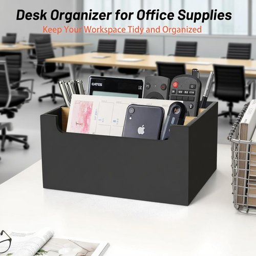 Desk Organizer Caddy with Adjustable Bamboo Dividers, Black Office Pen Holder for Desk, Small Mail Holder Bill Organizer with 5 Slots, Wood Workspace Organizer for Letter, Postcard, Remote Control