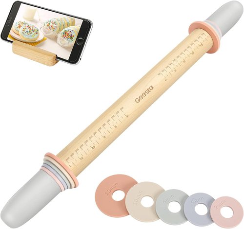 Geesta Adjustable Wood Rolling Pin - 5 Thickness Rings for Precise Dough Rolling | Ideal for Baking Cookies, Pie Crusts, and Fondant