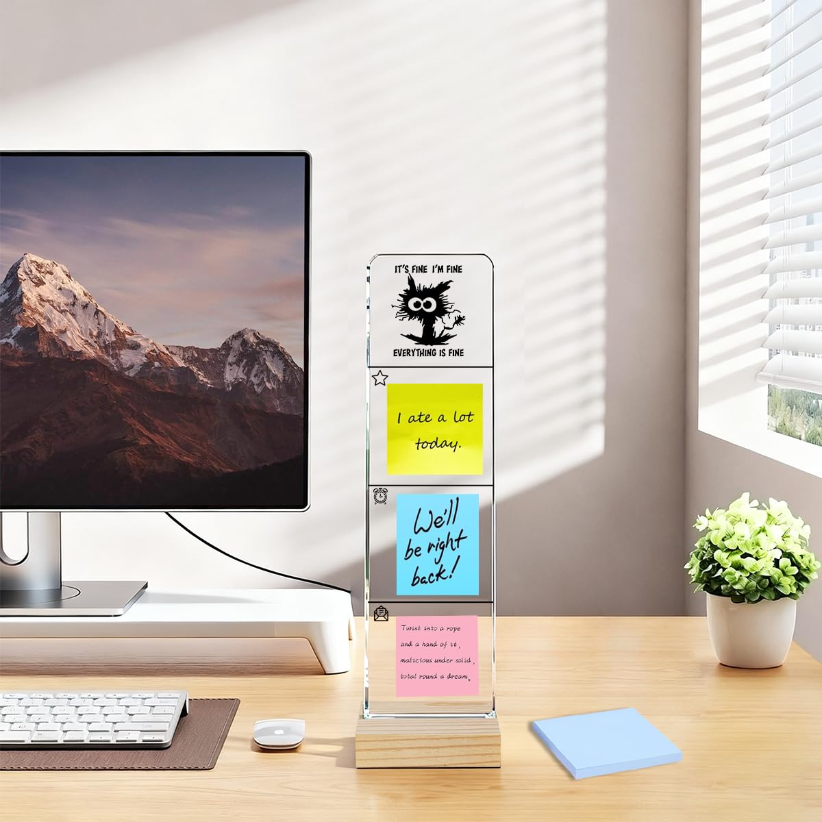 Monitor Memo Board with Removable Wooden Base Acrylic Portable Sticky Note Holder, It's Fine I'm Fine Everything is Fine Logo Office Desk Desk Set Sticky Notes 100 Sheets