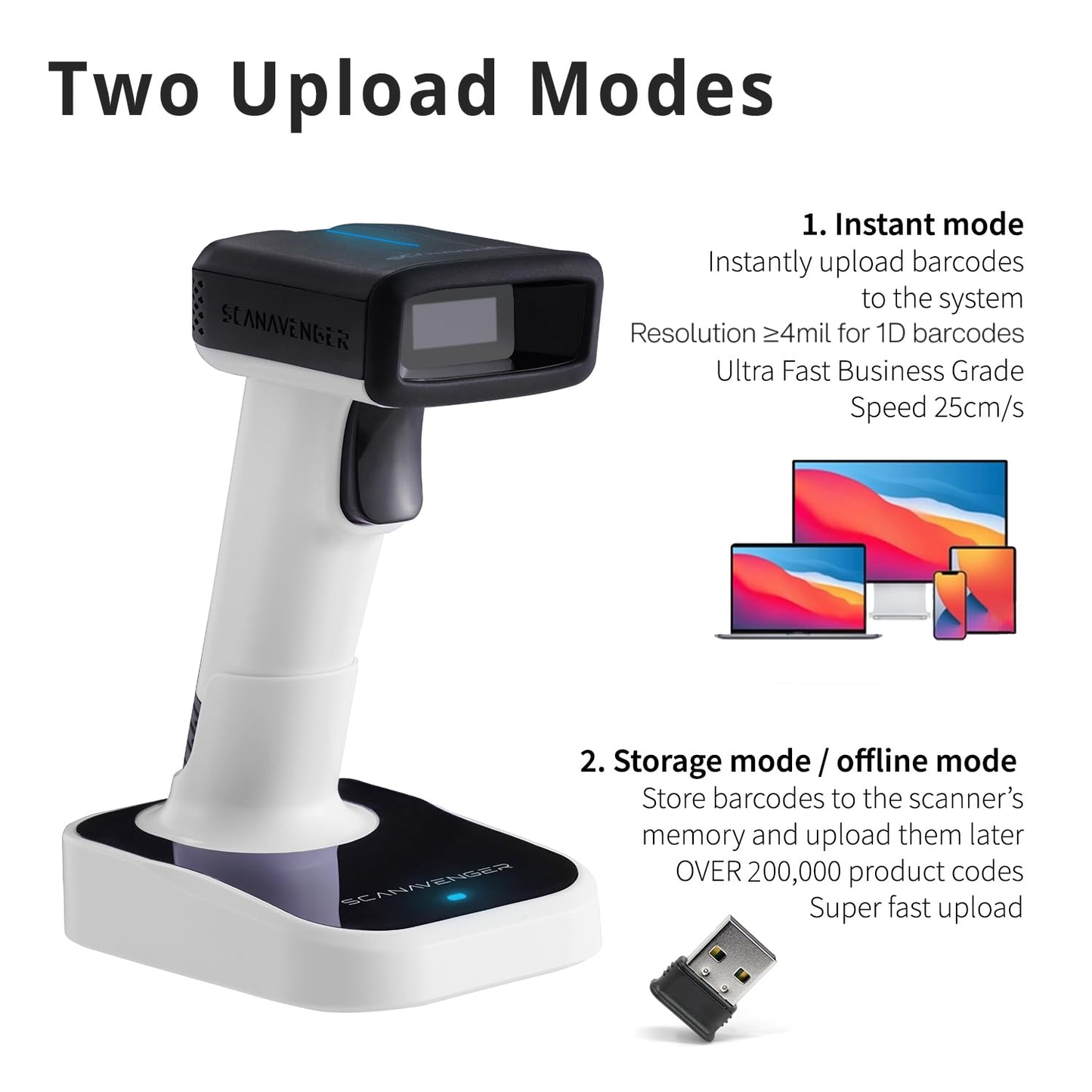ScanAvenger Wireless Portable 1D&2D with Stand Bluetooth Barcode Scanner: Hand Scanner 3-in-1, Cordless, Rechargeable Scan Gun for Inventory - USB Bar Code/QR Reader (1D&2D Upgraded Next Gen Stand)