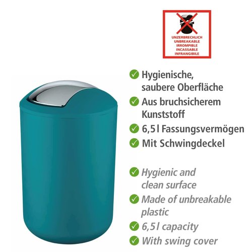 WENKO Small Trash Can with Lid, Garbage Bin with Swing Lid, Bathroom Trash Can, Waste Basket for Small Spaces, Bedroom, Office, Guest Toilet,1.7 gal, Petrol, 7.68 x 7.68 x 12.2 in