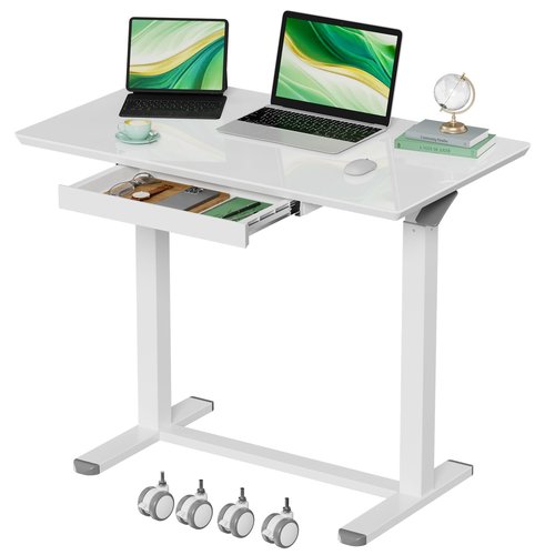 Gibbon Mounts Glass Standing Desk with Drawers,35inch Small Mobile Laptop Desk, Height Adjustable Rolling Sit Stand Desk, White Pneumatic Portable Computer Desk with Hidden Wheels or Lockable Casters