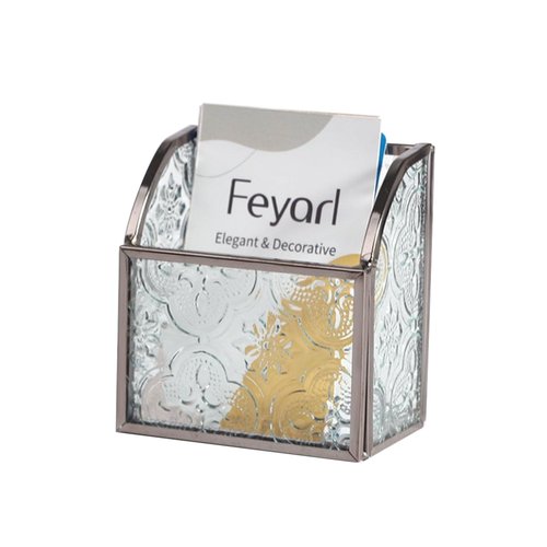 Feyarl Vintage Glass Business Card Holder Stand Vertical Business Card Display Office Business Name Card Organizer Storage for Meeting Salon Shop Exhibition Reception Desktop