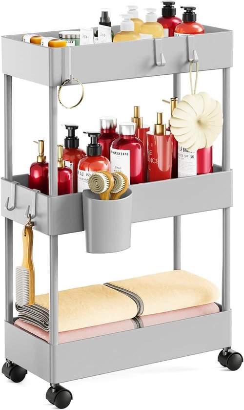 Pipishell Slim Storage Cart - 3-Tier Rolling Organizer for Bathroom, Kitchen, and Laundry Room - Gray