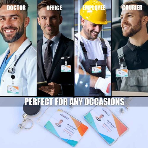 50 Pack Hard Plastic Badge Holder-Horizontal Heavy Duty ID Card Holder-Rigid Case Single I'd Protector with Easy Access Thumb Slot & Chain Holes for Clips,Lanyards & Reels-Frosted Clear by DiDiSTAR