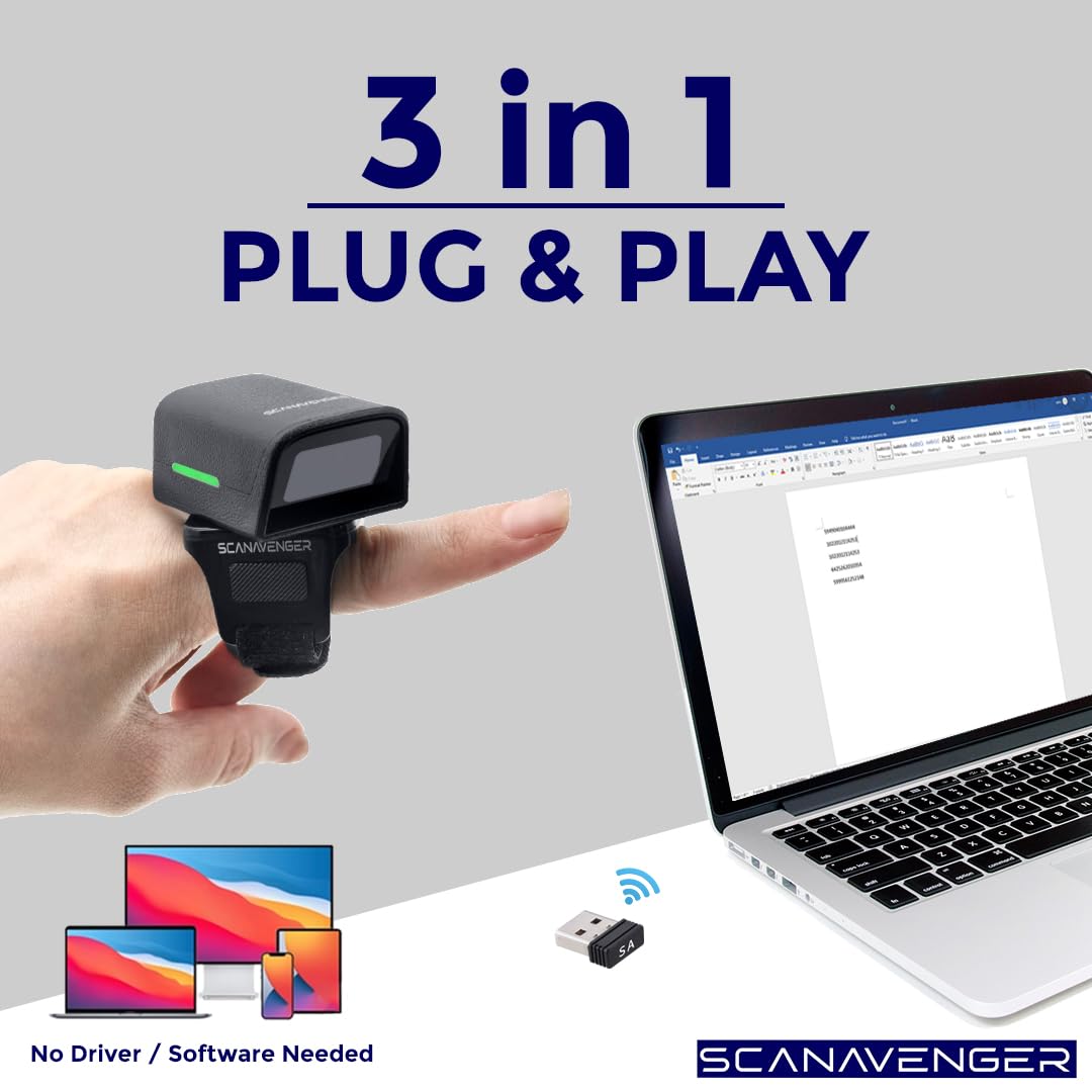 ScanAvenger 1D 2D QR Ring Barcode Scanner – Wearable Mini Bluetooth Wireless Finger Reader, USB & 2.4GHz, Compatible with iOS, Android, Windows, for Warehouse, Store & Inventory Use