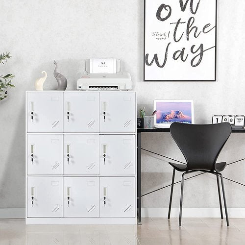 WISUNO 9 Doors Metal Lockers for Employees, Steel Storage Locker with Lock and Card Slot,Lockable Office Metal Storage for School Office Gym Bedroom,Garage (White)