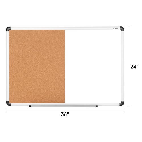 VUSIGN White and Cork Board Combination, 24" x 36" Dry Erase and Corkboard Combo for Home or Office, Wall Mounted Notice Bulletin With Aluminum Frame