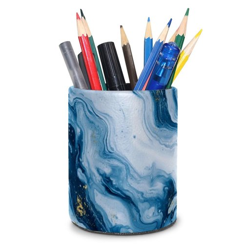 otnrnondcl Decorative Pen Holder Stand for Desk Accessories, PU Leather Waterproof Pencil Marker Makeup Brush Cup, Stationery Organizer for Office, School, Home (Blue White Gold Liquid)