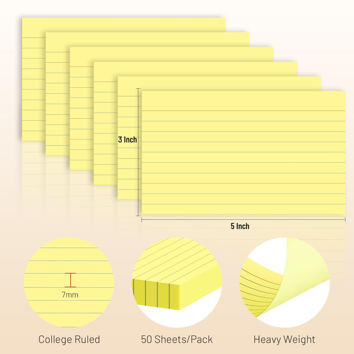 300 Count Index Cards 3 x 5 Inch Ruled Yellow Index Cards, Flash Cards College Ruled for School, College, Office and Home Organization, Durable Study To Do List Note Cards with Ruled Lines