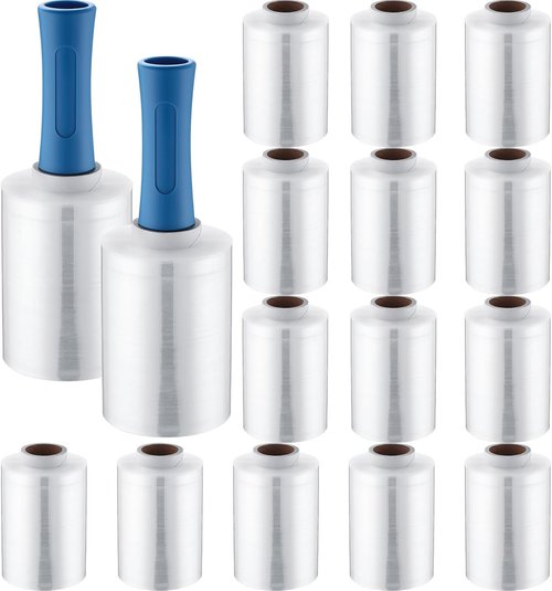 Jutom Mini Stretch Film - 16 Pcs Industrial Shrink Wrap Rolls with 2 Handles | 5" x 1000 ft Clear & Blue