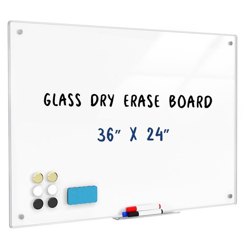 Lumspax 0.3mm Reinforced Metal Backing Glass White Board for Wall, 36" x 24" Large Pure White Tempered Glass Board with Frameless Design, 3' x 2' Big Dry Erase Board for Home, Office, School