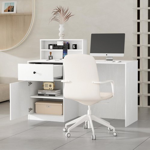 VOWNER Small Morden Reception Desk with LED Lighting, 39.4" H Office Counter with Storage Drawers, Secretary Desk with Power Outlets, Front Desk for Salon, Lobby – White (47.2" W x 18.9" D x 39.4" H)