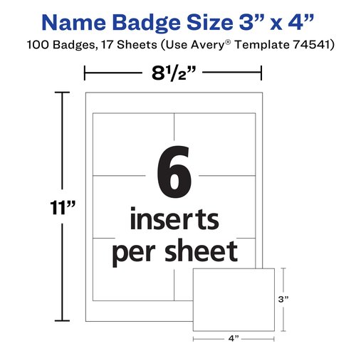 Avery Customizable Name Badges, Clip Style, 3" x 4", Clear Name Tag Holders, White Laser/Inkjet Printable Inserts, 100 Total (74541)