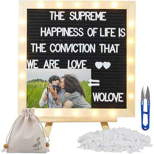 Black Felt Letter Board with Lights, Built-in LED Lights -Message Board Adjustable Stand, 340 Letters,- for Menus, Pregnancy Announcement, Weddings, Party Planning(10 * 10) (black£Â)