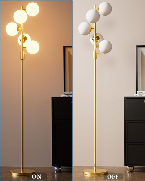 Lightdot Dimmable Globe Floor Lamp - Mid Century Modern Design with 5 Adjustable 3000K Bulbs | Gold Finish for Living Room & Bedroom Decor