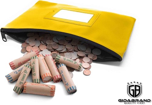 GIDABRAND Money Bank Deposit Bag with Zipper | 11x6 inch | Yellow | Durable Leatherette Money Cash Coin Check Wallet Pouch for Men & Women with Framed ID Window and Blank Card (10)