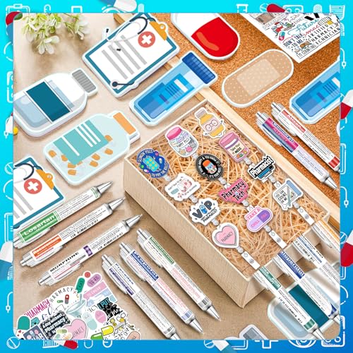 86 Pcs Pharmacy Week Gifts Include 12 Pharmacy Pens 12 Pharmacist Sticky Notes 12 Badge Reels 50 Cute Stickers for Pharmacist Gifts Set Nursing Week Doctor Medical Assistant Technician Clinic Supplies
