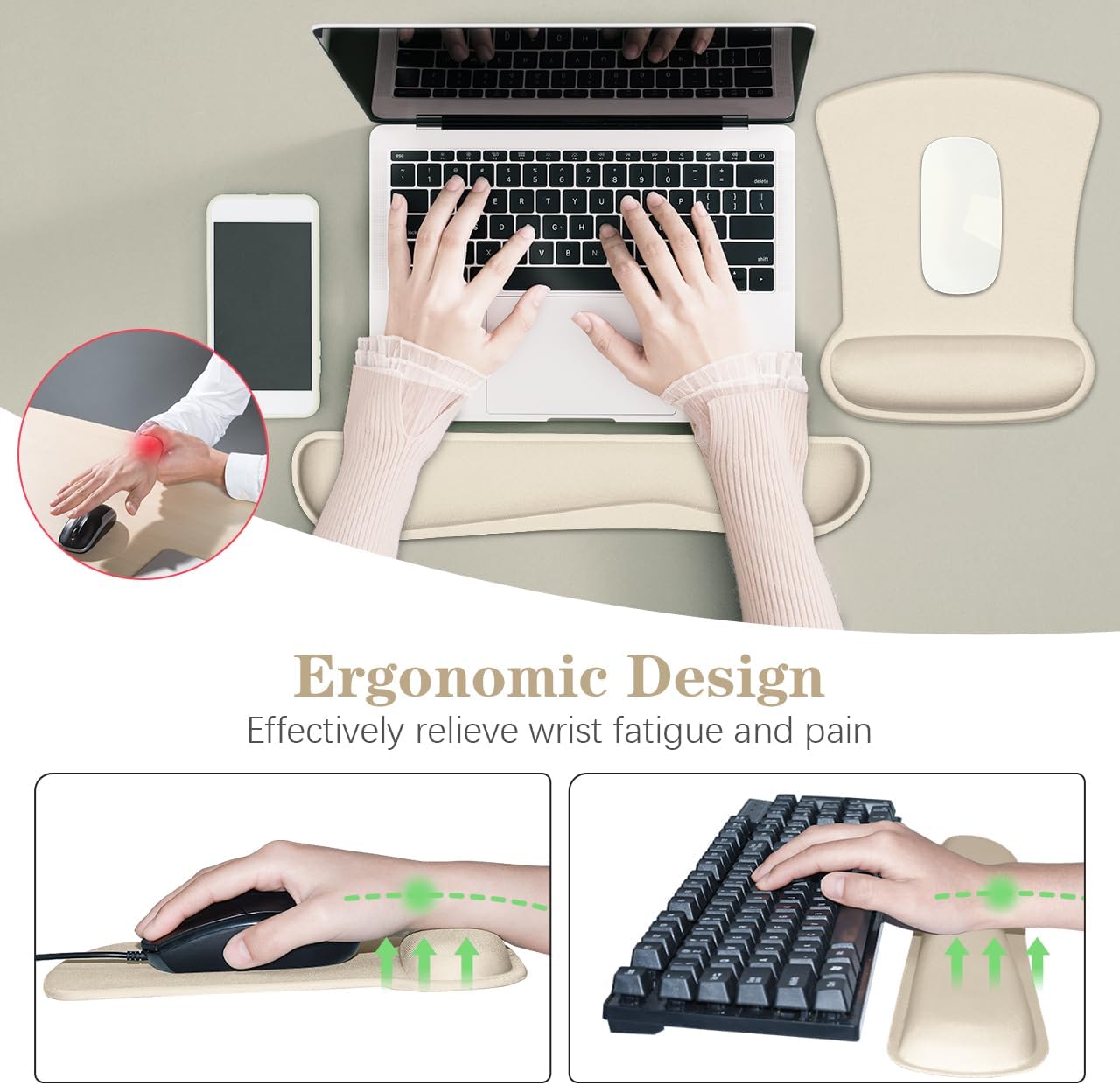 Skiennix Ergonomic Wrist Rest Set - Comfortable Memory Foam Keyboard Pad & Soft Gel Mouse Pad | Pain Relief for Gaming & Office, Apricot