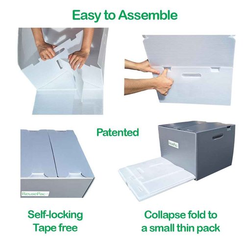 REUSEPAC Reusable Foldable Box Corrugated PP Lightweight, Storage Moving Mailing, Heavy Duty Stackable, Tape Free Self-Locking Lid for Business Home In/Outdoors (Gray 4 Pack, 24x16x12in)