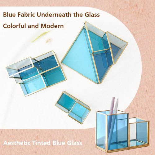 FONDAZZA Gold & Blue Glass Desk Organizer - Elegant Office Decor, Aesthetic Makeup Brush Holder, 2-Compartment Pen Holder, Pencil Cup, Vanity & Cosmetic Storage, Desk Accessories for Women