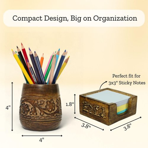 Mie Creations Set of 2 Pen Holder and Sticky Note Holder for Office Desk Organizer, Wooden Desktop Accessories Decor, Handmade Floral Rustic Pencil Stand & Post it Note Dispenser, Aesthetic Stationery