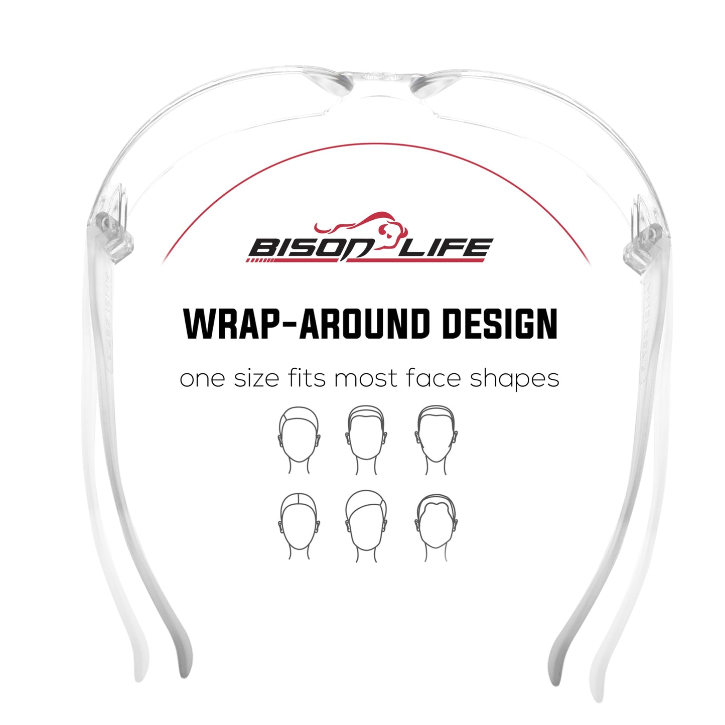 BISON LIFE Safety Glasses | 12 PAIRS with Clear UV Protection, Scratch Resistant, Wrap Around, Ballistic Impact Protected Lenses, One Size, Clear Lens Clear Temple, 12 per pack (1 pack)