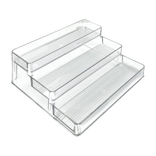 Azar Displays 326029 Three Tier Counter Step Display with Lip, Clear Bathroom Organizer for Storage Organization, Spice Rack Organizer Shelf, Storage Shelves with Risers for Kitchen & Pantry, 2-Pack