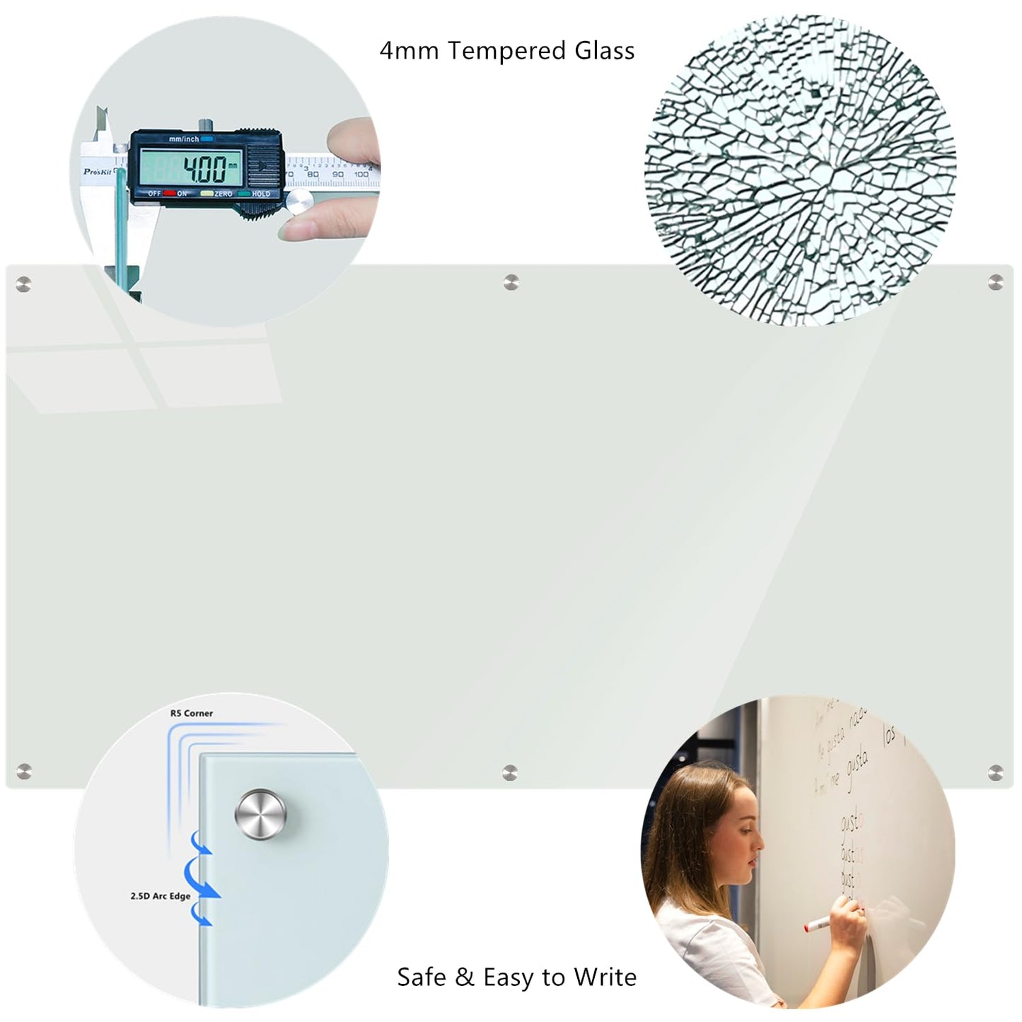 Large Glass Dry Erase Board, 96 x 48 Inches Magnetic Glass Whiteboard for Wall, 8' x 4' Frameless White Board for Office, Home, School