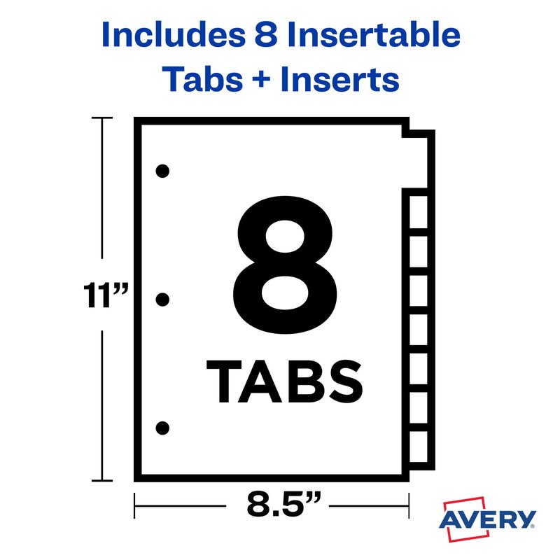 Avery Dividers for 3 Ring Binders, 8-Tab Plastic Binder Dividers Insertable Big Tabs, Multicolor, 1 Set (11901)