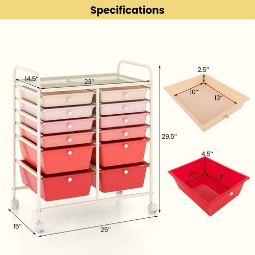 Julimoon 12 Drawer Rolling Storage Cart, Multipurpose Storage Organizer Cart with Lockable Casters, Mobile Utility Cart for Garage Office Home Kitchen (Gradient Pink), HW56500