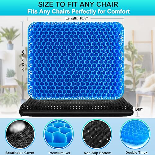 Helishy Gel Seat Cushion 1.65in Double Thick Blue – 16.5x14.5in Tailbone, Sciatica Pain Relief