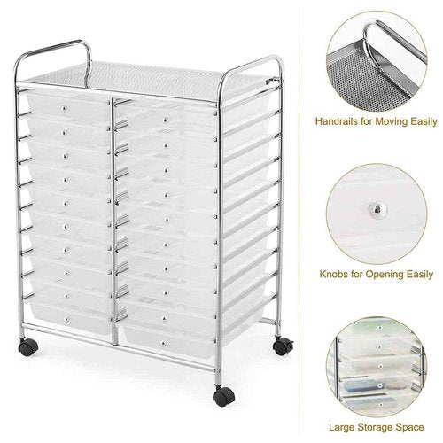 20-Drawer Rolling Storage Cart, Mobile Book Paper Organizer Utility Trolley with Wheels, Ideal for School, Office, Home (Clear)