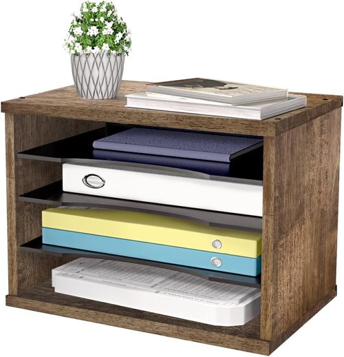J JACKCUBE DESIGN Rustic Wood Desk Organizer - 4 Compartment File Holder for Home & Office | Document Storage & Mail Tray