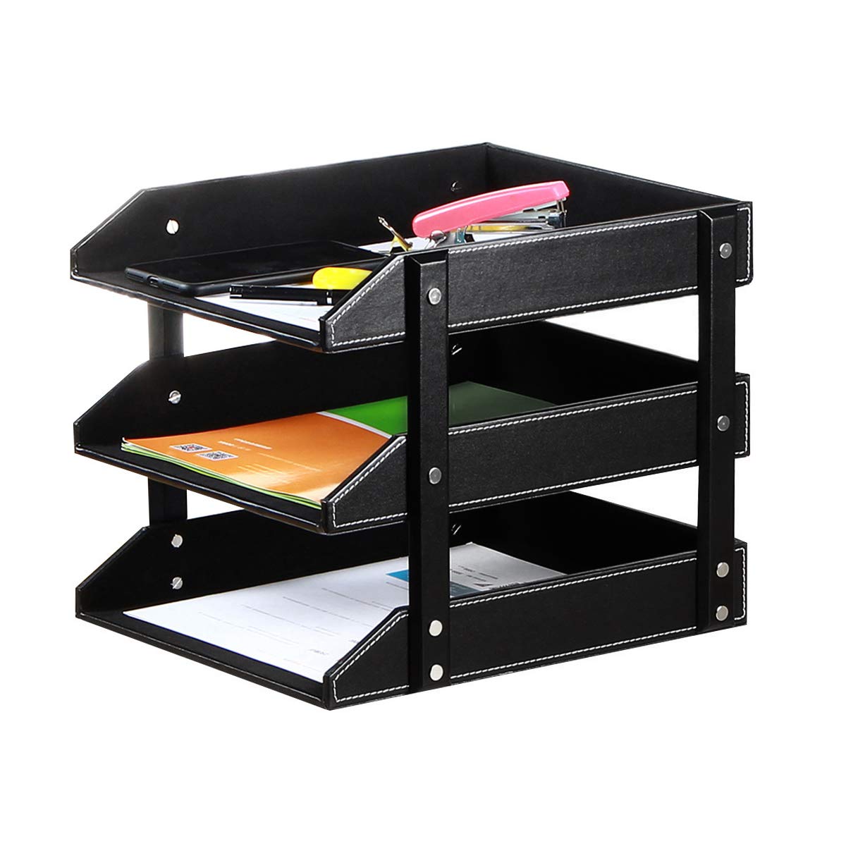 Leather File Trays for Desk Stackable,3-Tier Document Letter Tray,Office Desktop Organizers and Accessories for Folders Stationery Bills Magazine Newspaper (Black)