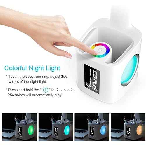 7-in-1 Study Desk Lamp with USB Charging, Screen, Calendar, Color Night Light, Kids LED Table Lamp with Pen Holder, Clock, Reading Light, 10W