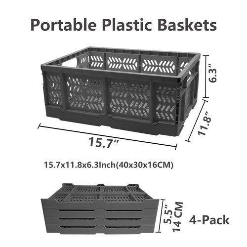 KINGSUSLAY 4-Pack Plastic Storage Crates,20L Foldable Baskets,Collapsible Crates, Baskets and Bins for Toys, Home Storage, Office Products, Christmas Gifts, Easter Eggs (Grey)