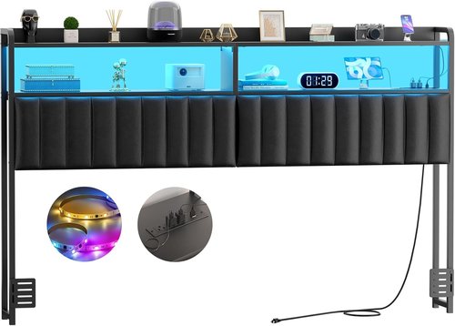 Aheaplus King Size Upholstered Headboard - Adjustable Height, USB Ports & LED Light, Black