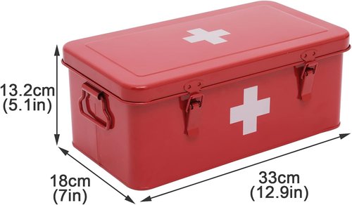 First Aid Medicine Box - Metal Storage Tin with Safety Lock for Home Emergency Kit - Red