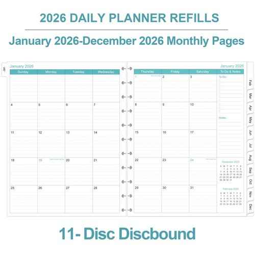 2026 Planner Refills, 11-Disc Discbound One Page Per Day, Daily ＆ Monthly Planner Refill from January 2026 - December 2026, Letter Size, 8.5" x 11"