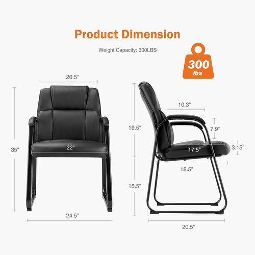 Sweetcrispy Waiting Room Guest Chair Set of 2, Leather Stationary Office Reception Chairs No Wheel, Comfy Padded Arms and Seld Base, for Conference Room Lobby Home Computer Desk Bedroom Elderly, Black