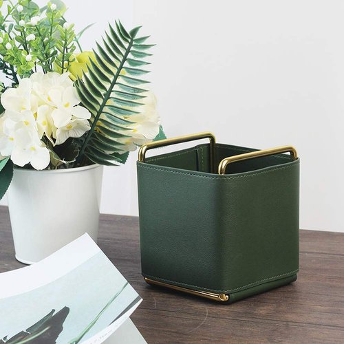Kelendle Leather Pencil Holder Desktop Organizer Iron Art Desktop Makeup Brush Remote Control Storage Box Office Pen Holder for Desk Green