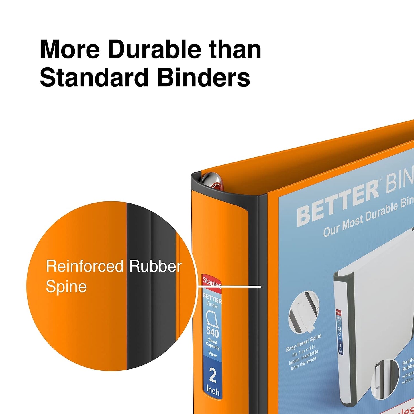 Staples Better Binder, 2" D‑Ring 3‑Ring Binder, Bright Orange, Reinforced Rubber Spine, Durable High‑Capacity Binder for School & Office
