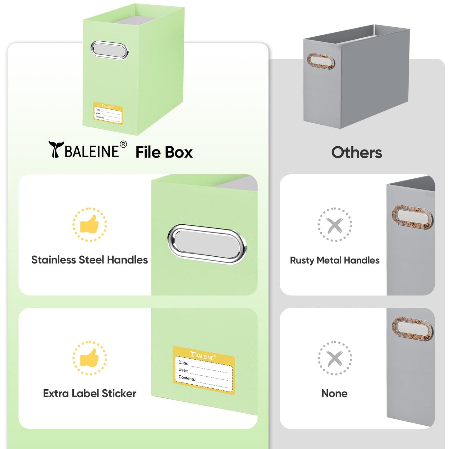 BALEINE File Organizer Box, Cardboard File Folder Organizer with Handle for Letter Size, Portable Collapsible Hanging Filing Box for Home Office Document Storage (2 Pack, Green)