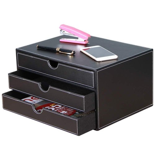 RHCSZ High-end PU Leather Desk Organizer File Cabinet Executive Office Supplies Desktop Filing A4 File Cabinet Stackable Storage Organizer Box with 3 Drawers (Black)…