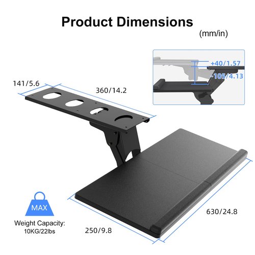 Suptek Keyboard Tray Under Desk Height Adjustable Ergonomic Sliding Keyboard and Mouse Tray, 25”x9.8”, DSF5