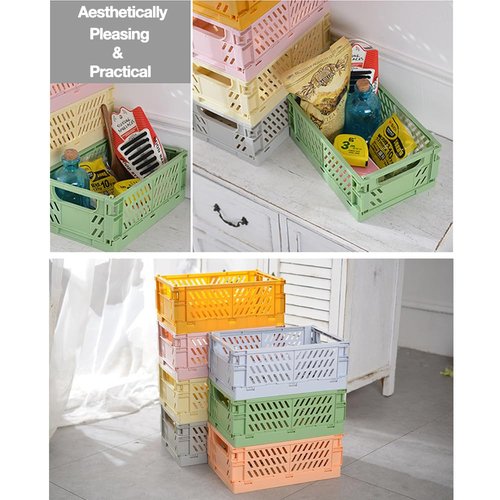 Dotbengc Small Storage Crates, Plastic Folding Baskets, Foldable Storage Bins, Stackable Collapsible Crates for Desk Organizing, Pastel Cute Basket Containers for Bedroom Home Office Organizer, 4Pack