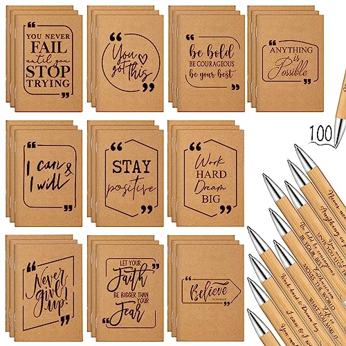 Fulmoon 200 Pcs Christmas Motivational Pens Notebook Gifts Bulk Inspirational Quote Ballpoint Pen Small Pocket Notepads Mini Journals Appreciation Gifts for Teachers Employee Students (Brown)