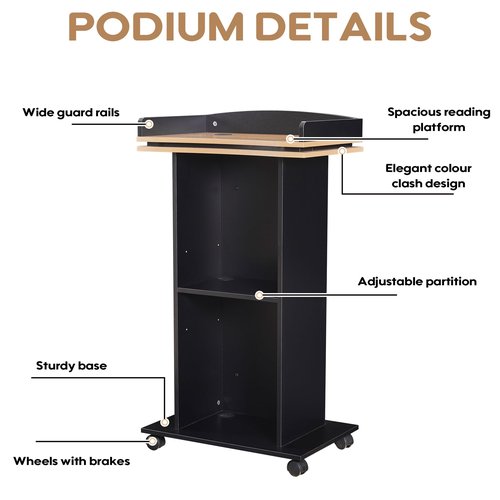 Podium Stand,Wood Podium with Wheels,Lectern with Storage,Mic Stand Space,15MM Particle Board,Wooden Pulpit for Restaurants,Churches,Seminars and Schools