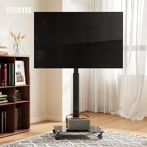 FITUEYES Mobile TV Stand with Wheels for 32-60 65Inch Screen, Rolling TV Floor Stand with Mount, TV Cart with Black Tempered Glass Base & Wire Management, Holds 66 lbs